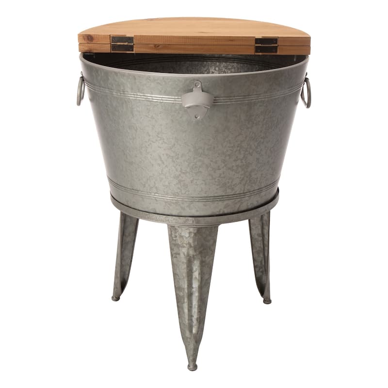Glitzhome 8 Gallon Galvanized Metal Ice Bucket Beverage Cooler Tub with Stand & Wood Lid