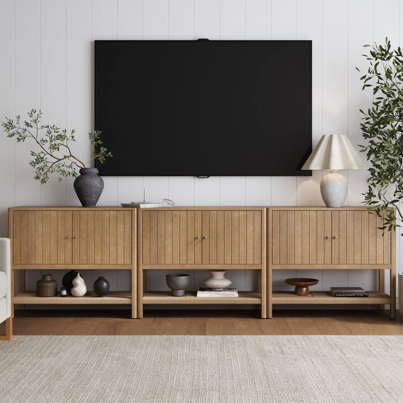 Meads Mid Century Modern Solid Wood Kitchen Cabinet with Adjustable Interior Shelf and Seagrass Bottom Storage - Set of 3 - Light Brown