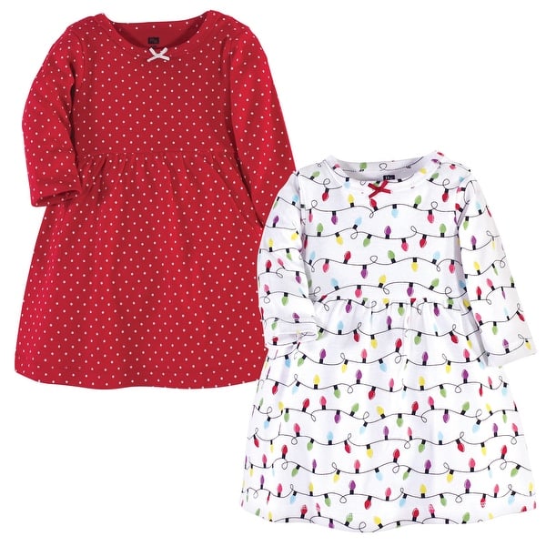 slide 1 of 1, Hudson Baby Infant and Baby Girl Long-Sleeve Cotton Dresses 2pk, Christmas Lights 0-3 Months - Christmas Lights