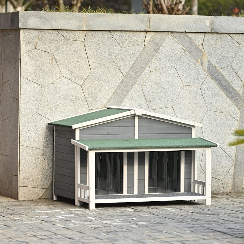 Outdoor Wooden Elevated Dog House Pet House with Porch, 2 Doors, Ventilated, Waterproof, Suitable for Small and Medium Dogs