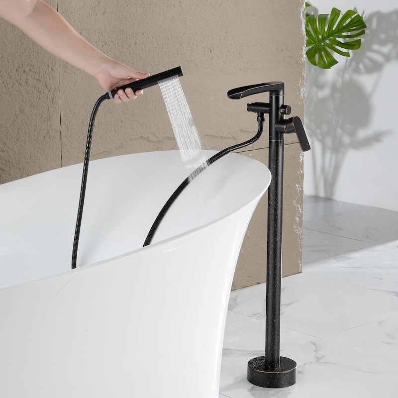 Single Handle Floor Mounted Freestanding Waterfall Tub Filler with Handheld Shower