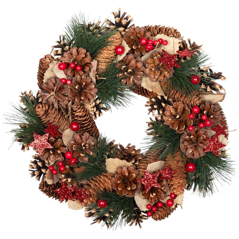 Pinecones and Glittered Stars Christmas Wreath - 13.5" - Unlit
