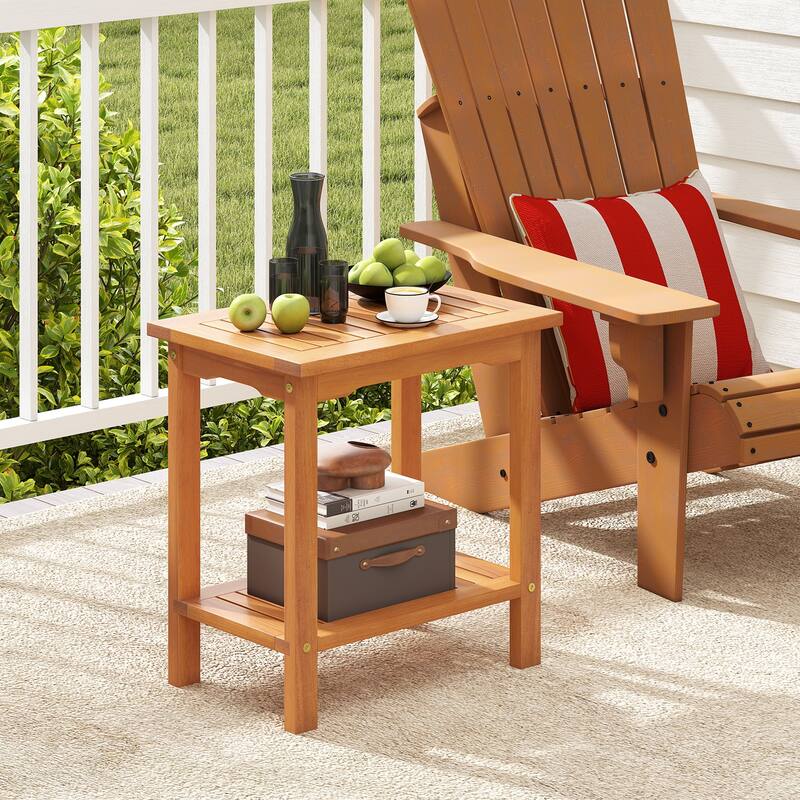 Gymax Outdoor Acacia Wood Side Table 2-Tier Patio End Table w/ Slatted