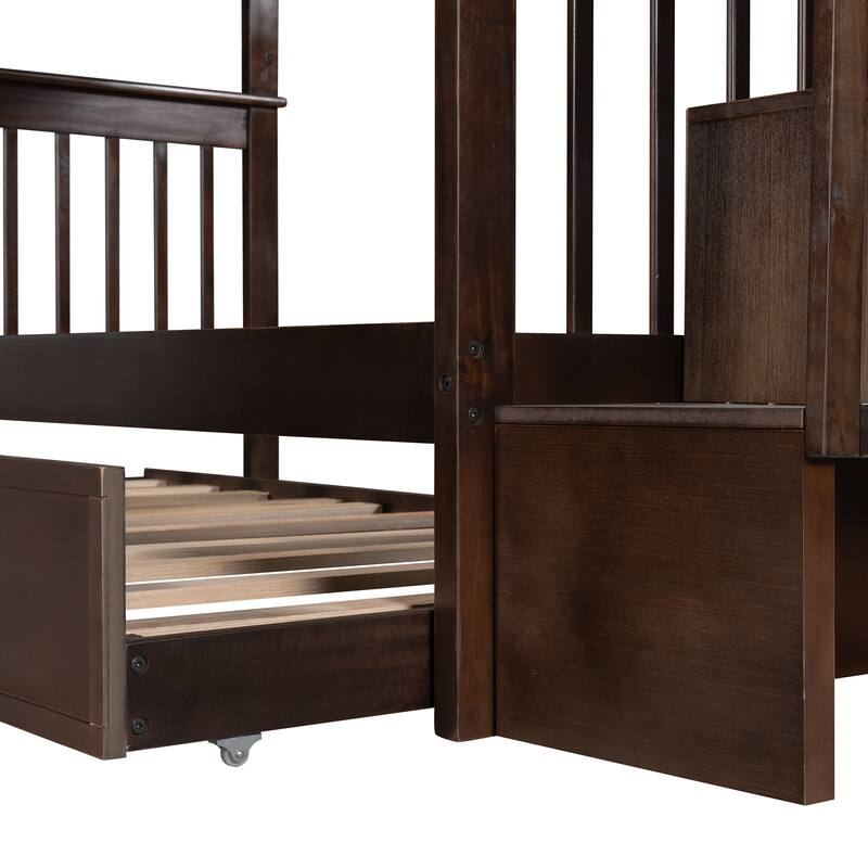 Twin Over Twin Bunk Bed with Trundle, Detachable Wood Triple Bedframe