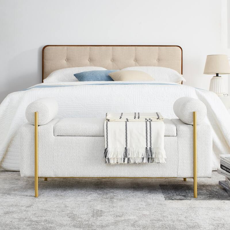 Elegant Upholstered Linen Storage Bench with Cylindrical Arms and Iron Legs for Hallway Living Room Bedroom