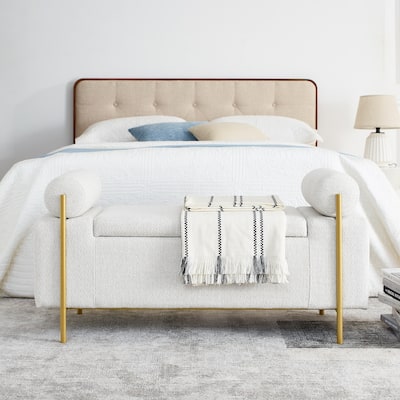 Elegant Upholstered Linen Storage Bench with Cylindrical Arms and Iron Legs for Hallway Living Room Bedroom