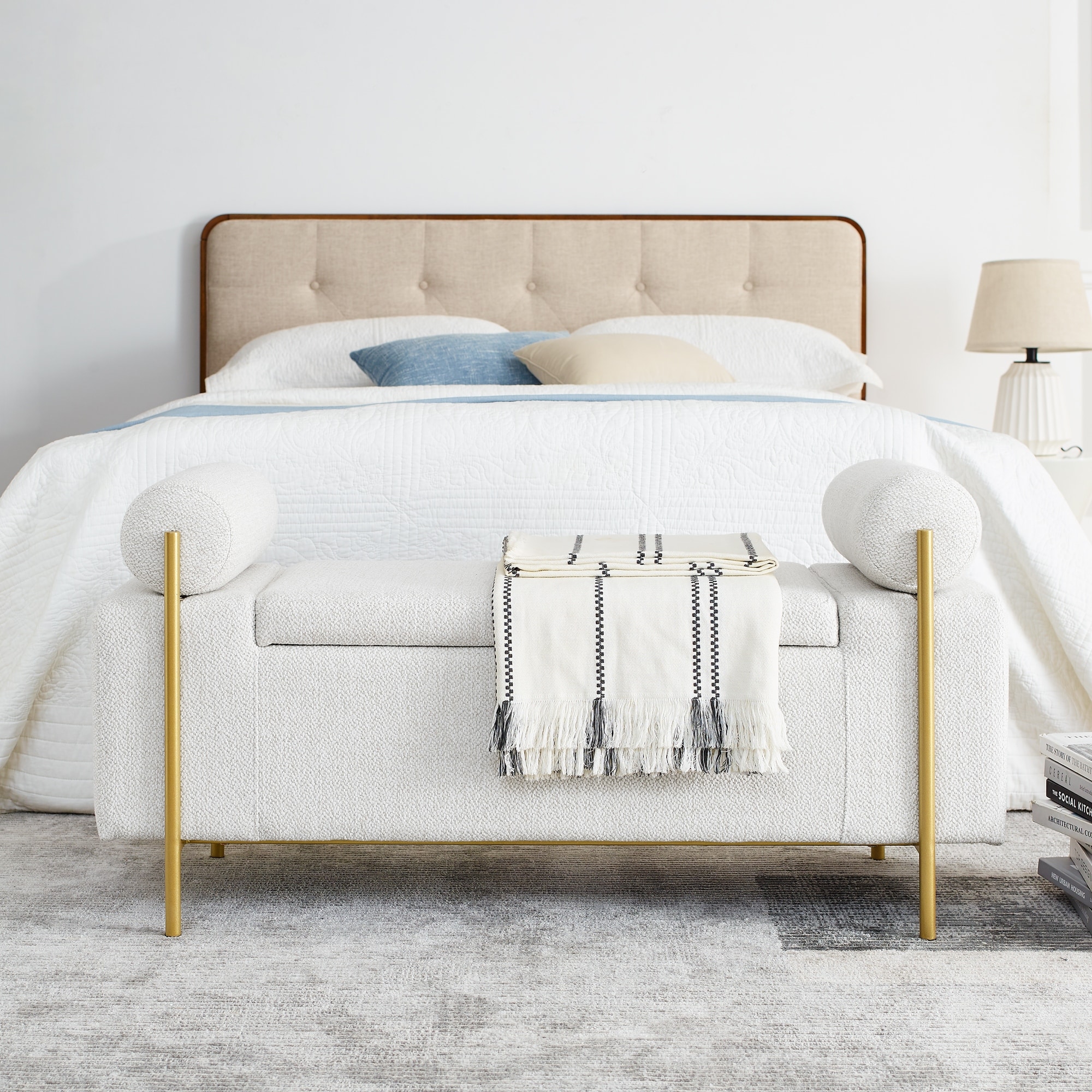 Elegant Upholstered Linen Storage Bench with Cylindrical Arms and Iron Legs for Hallway Living Room Bedroom