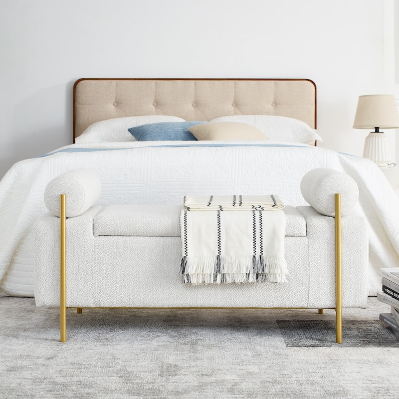 Upholstered Linen Storage Bench with Cylindrical Arms and Gold Metal Legs
