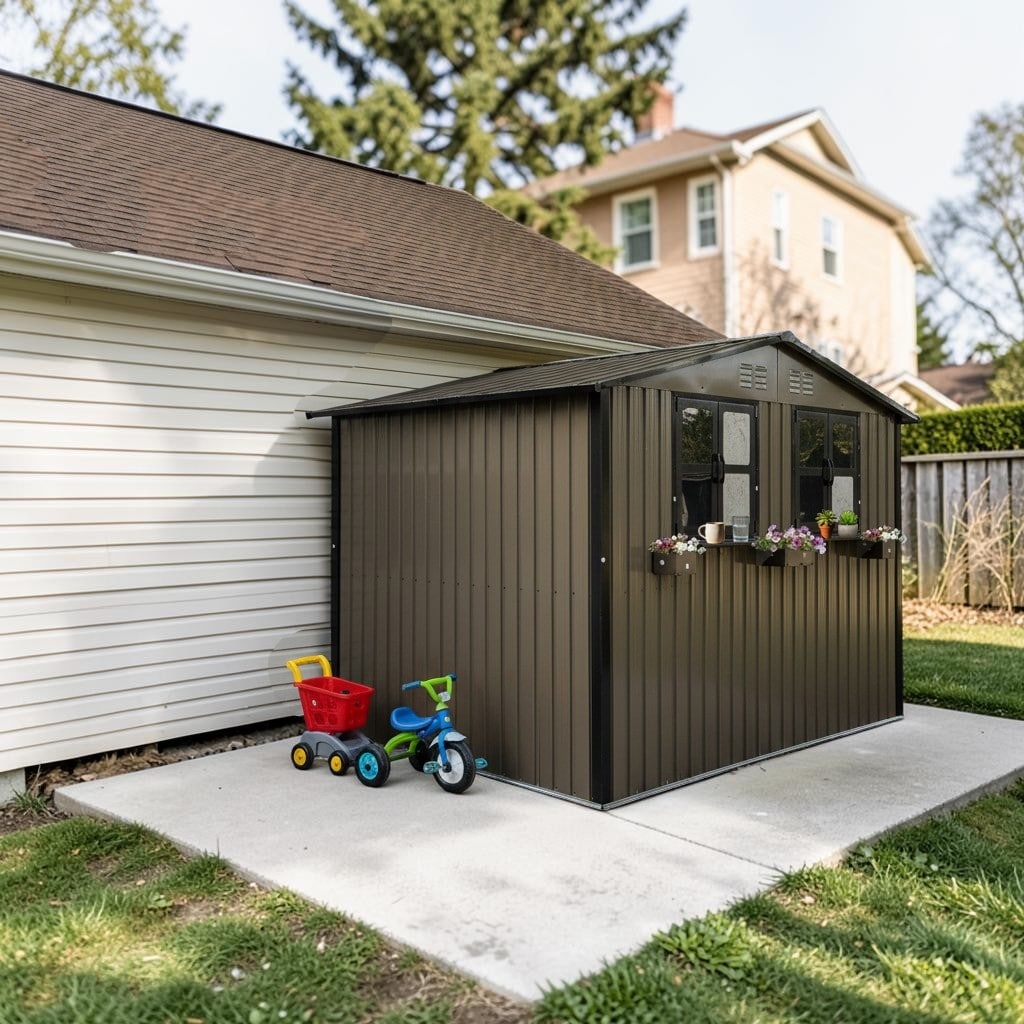 6x9 FT Outdoor Metal Storage Shed with Windows, Flower Rack and