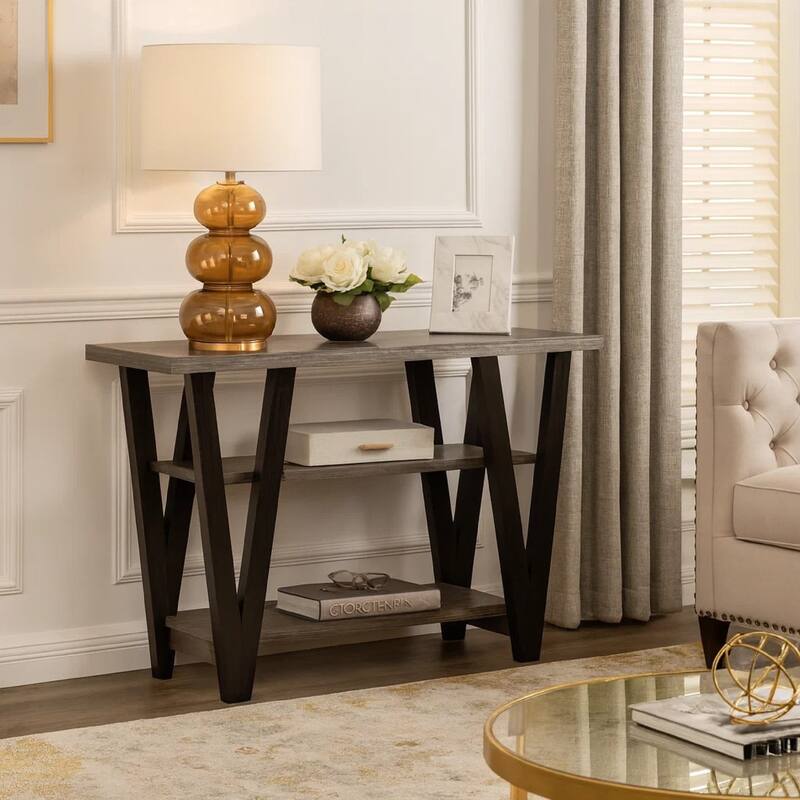 Zigzag Contemporary Solid Wooden Sofa Table With Bottom Shelves, Gray And Black