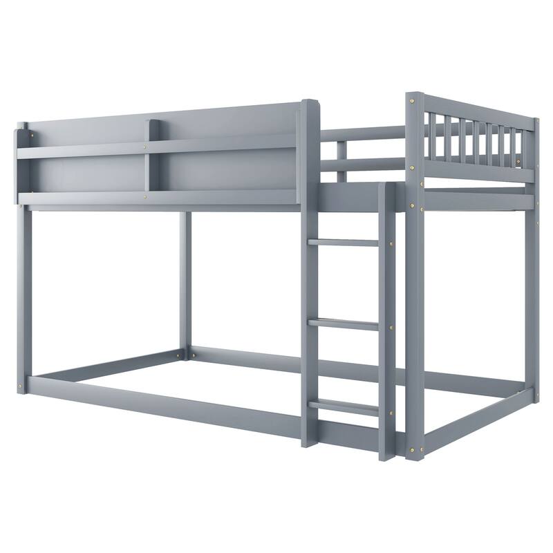 Roomfitters Twin Over Twin Bunk Bed, Low Floor Loft Platform Bed and Shelf with Wooden Frame for Bedroom