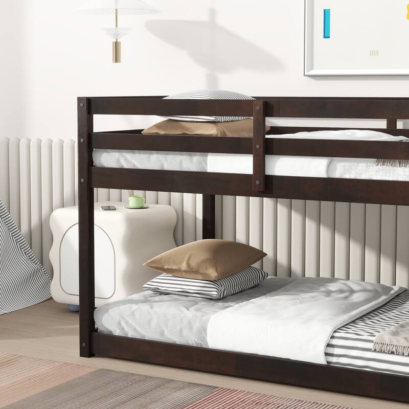Roomfitters Solid Rubber Wood Twin over Twin Floor Bunk Bed with Ladder, Reinforced Slat Platforms, Low Height Design