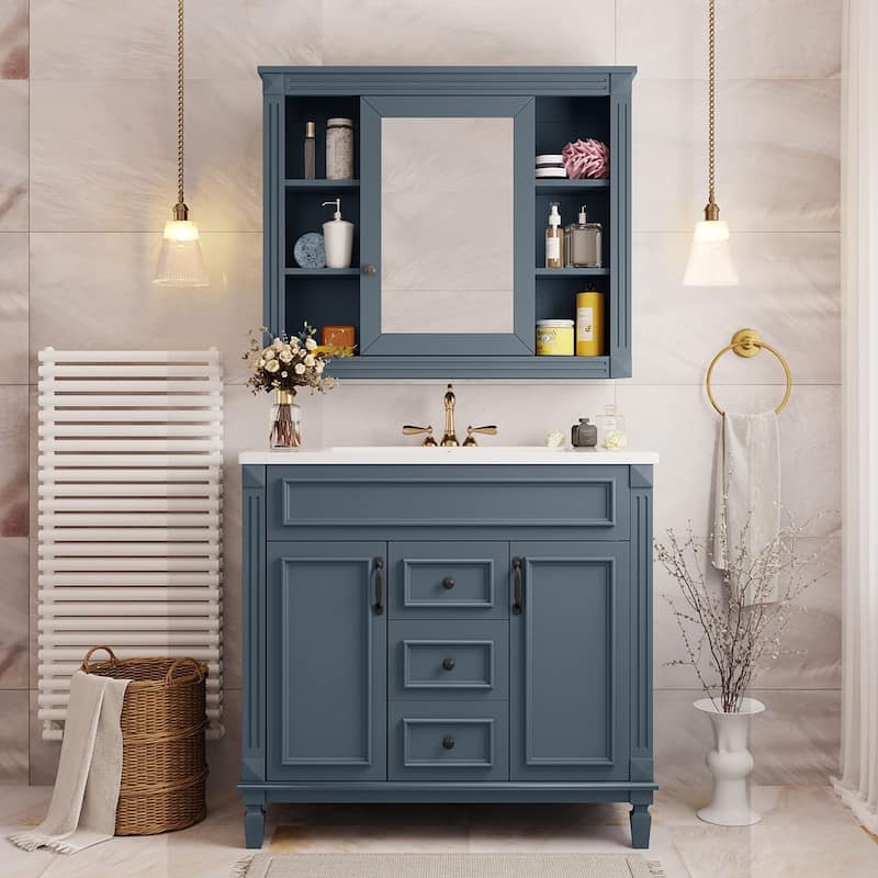36'' Bathroom Vanity with Top Sink, Freestanding Vanity Set with Mirror Cabinet - Blue-Bathroom Vanity with Mirror Cabinet Set