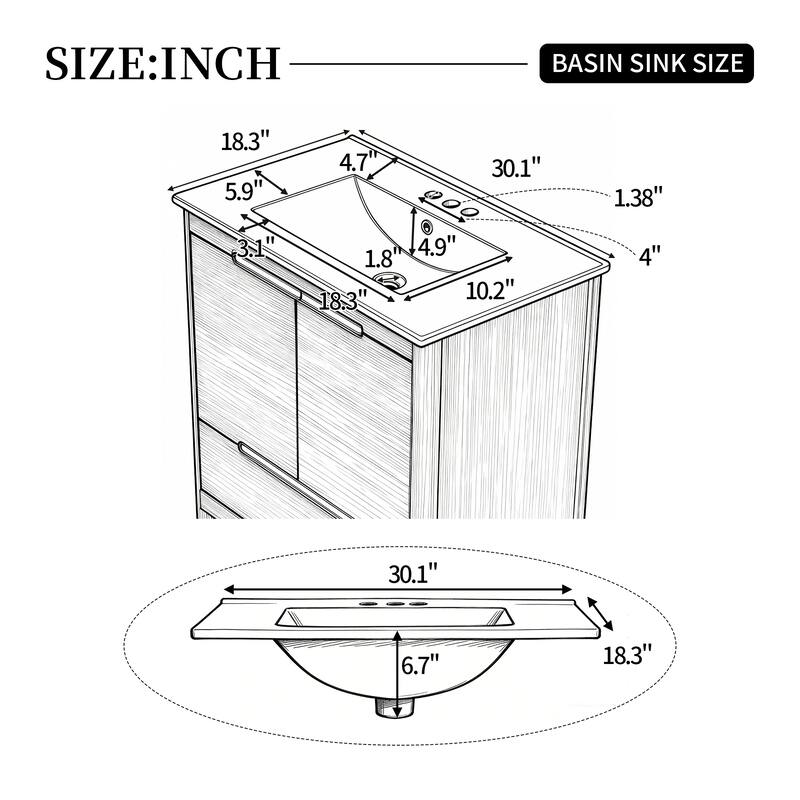 30" Modern Solid Wood Frame Bathroom Vanity Set with Ceramic Sink, Natural Wood Grain Cabinet & Soft-Close Doors