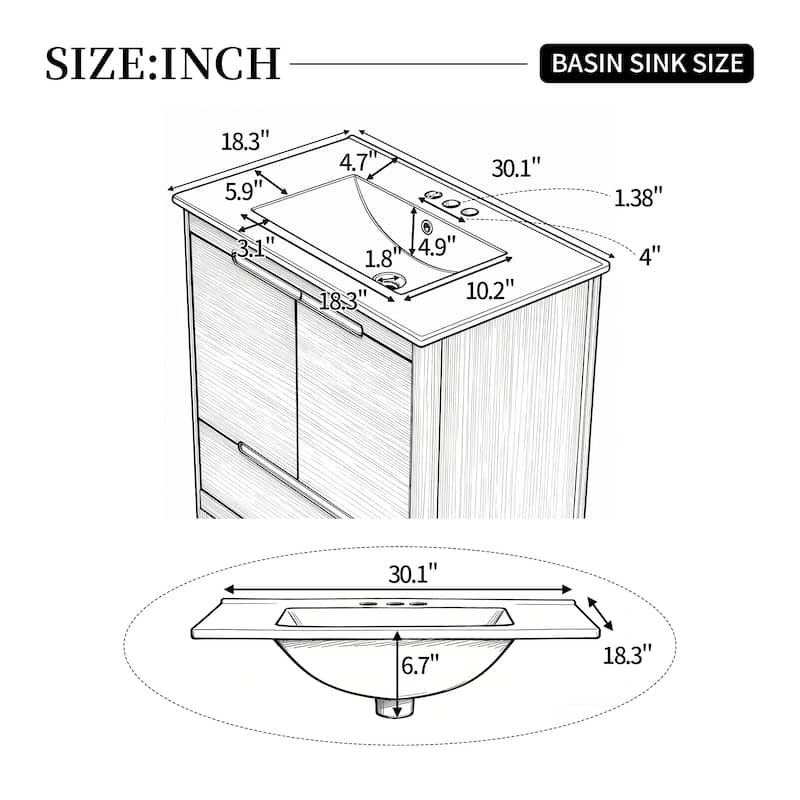 Christopher Knight Home - Harlow Modern 30" Bathroom Vanity with Ceramic Sink, Soft-Close Doors & Drawer, Adjustable Shelf