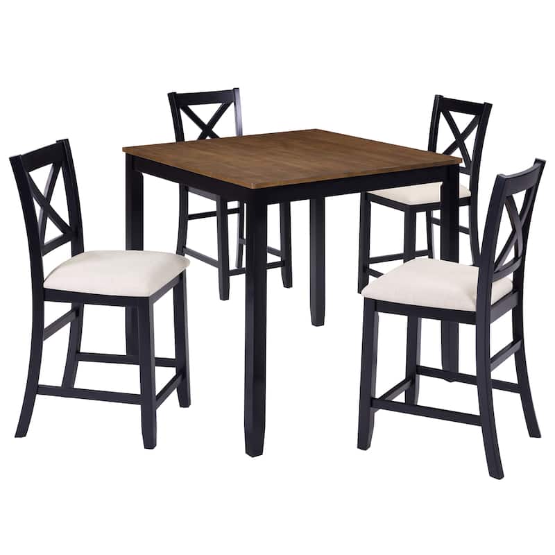 GDFStudio - Montara 5-Piece Farmhouse Wooden Square Counter Height Dining Table Set with 4 Upholstered Chairs