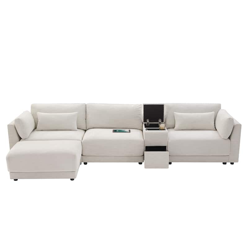 124'' Modular Sectional Sofa with Storage Console and Movable Ottoman, 4-Seat, Chenille, Beige