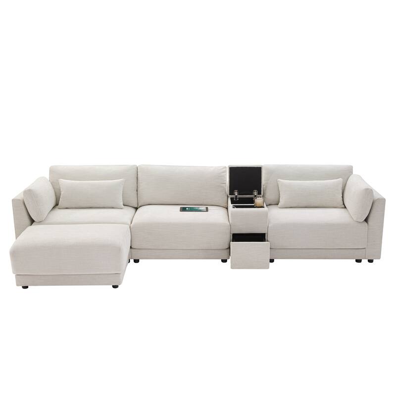 Roomfitters 124'' L-Shaped Sectional Sofa with Storage Console, Charging Station, Modular Couch with Ottoman, Chenille
