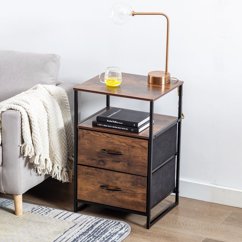 Iron Nightstand Shelf Storage with Fabric Drawer - Rustic Brown - 2-drawer