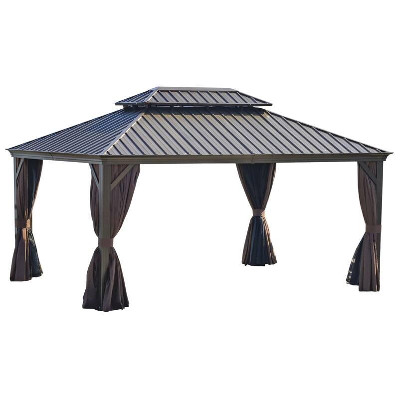 Outsunny 16' x 12' Hardtop Patio Gazebo Canopy Outdoor Pavilion with Galvanized Steel Frame, Netting Sidewalls, Curtains