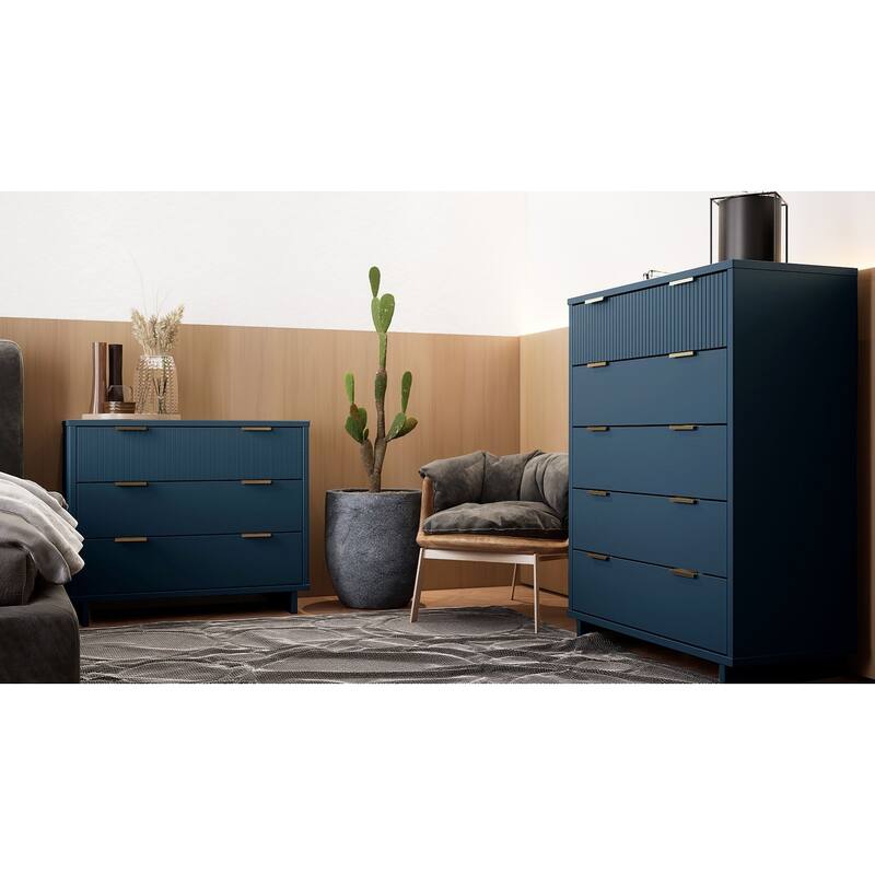 Manhattan Comfort 2-Piece Granville Modern Solid Wood Tall Chest and Standard Dresser Set - Midnight Blue