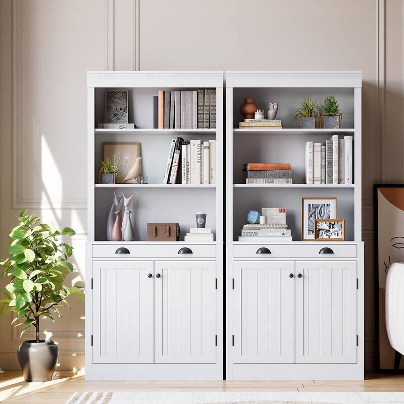 5-Tier Bookshelf, 70 Inch Tall Bookcase with 2 Doors and 1 Drawer, Modern Pantry Sideboard with Adjustable Shelf