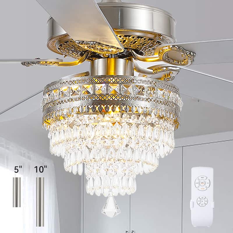 52 Inches Crystal Ceiling Fan Light,Chandelier,APP and Remote Control,5 Dual Side Plywood Blades,Reversible AC Motor - 52 Inches - Nickle