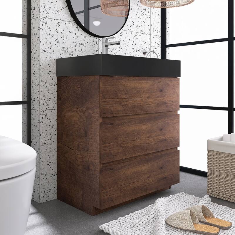 24"/30"/36" Freestanding Bathroom Vanity Set with Black Integrated Quartz Sand Sink