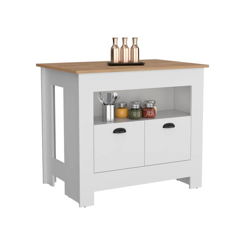 Stylish Kitchen Island with Cabinet Storage, Open Shelving, and Durable Wood Construction for Organized Cooking Spaces