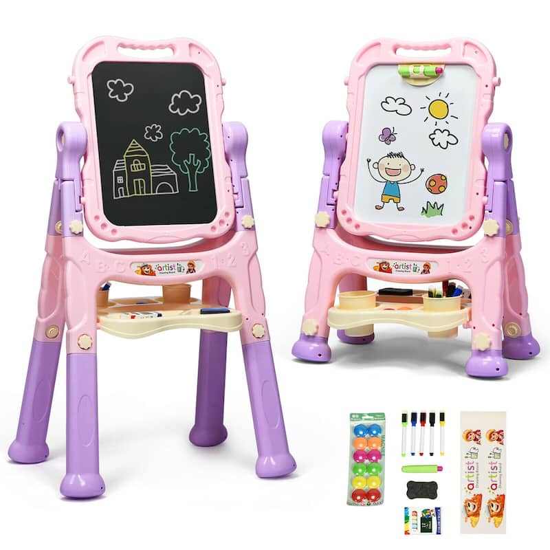 Height Adjustable Kids Art Easel Magnetic Double Sided Board-Pink - Pink - 24" x 17.5" x 43" (L x W x H)