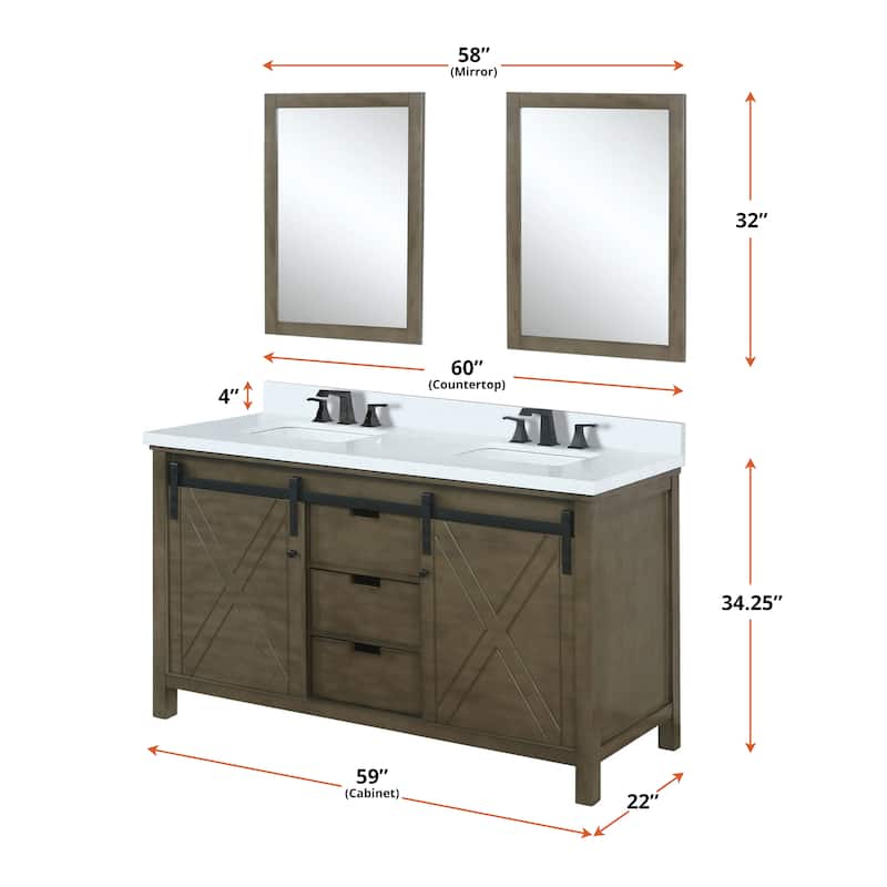 Marsyas 60 in W x 22 in D Ash Grey Double Bath Vanity, White Quartz Countertop, Faucet Set and 24 in Mirrors