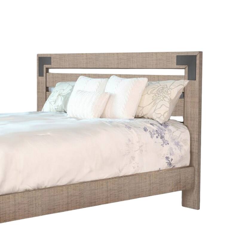 Desy Queen Size Platform Bed, Slatted Headboard, Farmhouse Light Brown