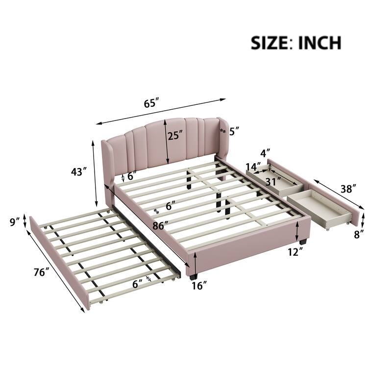 Queen Size Upholstered Bed Frame with Wingback Headboard Trundle and 2 Drawers, Center Support Legs Platform Bed Frame