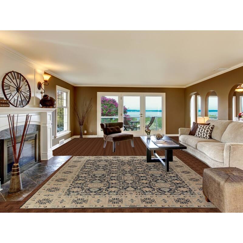 Hand Knotted Oriental 100% Wool Carpet Traditional All-Over Navy Blue & Blues Ziegler Area Rug - 9' 9'' X 8' 3''