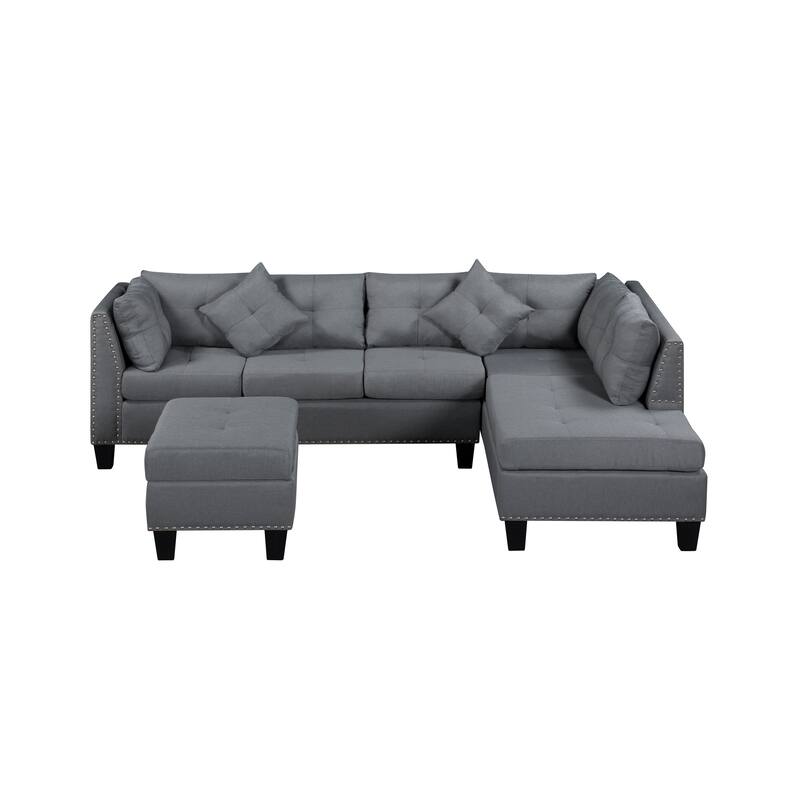 104.5" Gray Upholstered Sofa Set with Comfortable Coin-Spring Cushions, Sturdy Frame, Chaise Lounge, Versatile Storage Ottoman
