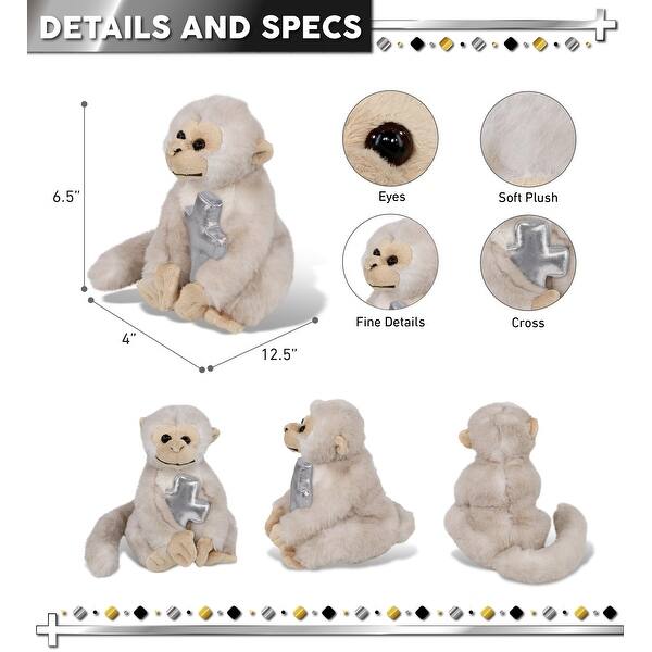 DolliBu White Squirrel Monkey Stuffed Animal with Silver Cross Plush - 12.5 inches