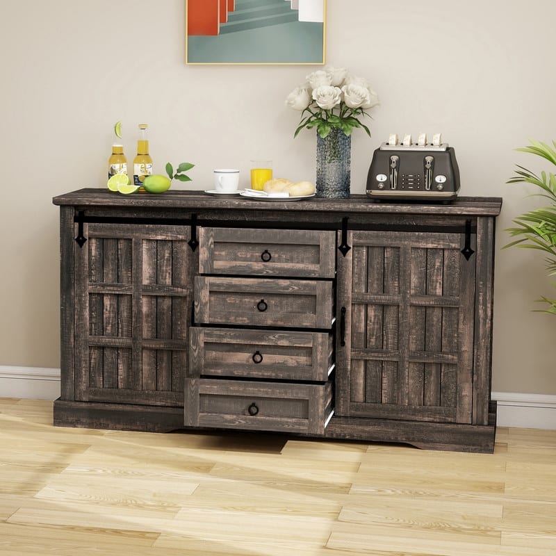 Farmhouse Sideboard Buffet Cabinet with Storage-Sliding Barn Doors and 4 Drawers