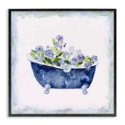 Stupell Charming Blue Bathtub Botanical Floral Design Watercolor Border Framed Wall Art - White