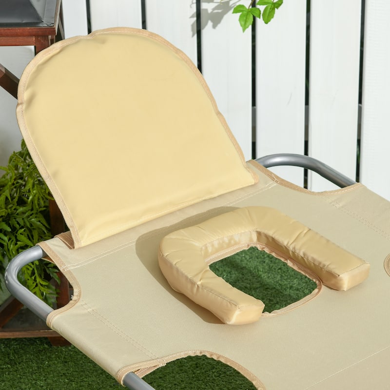 Outsunny Folding Beach Lounge Chair with Face Hole and Arm Slots, 5-level Adjustable Sun Lounger Tanning Chair with Pillow