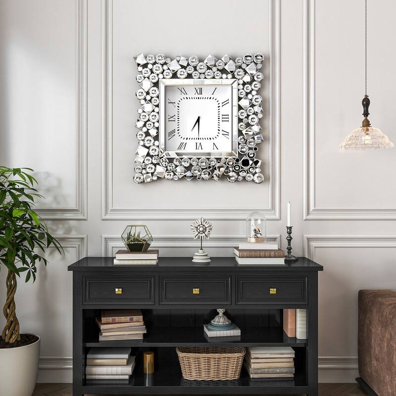 Large 23.6" Mirrored Crystal Wall Clock - Silver