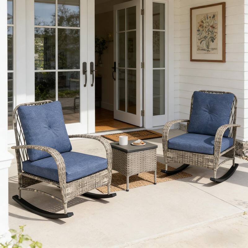 GDFStudio - Outdoor PE Rattan 3-Piece Balcony Bistro Set with Rocking Chairs