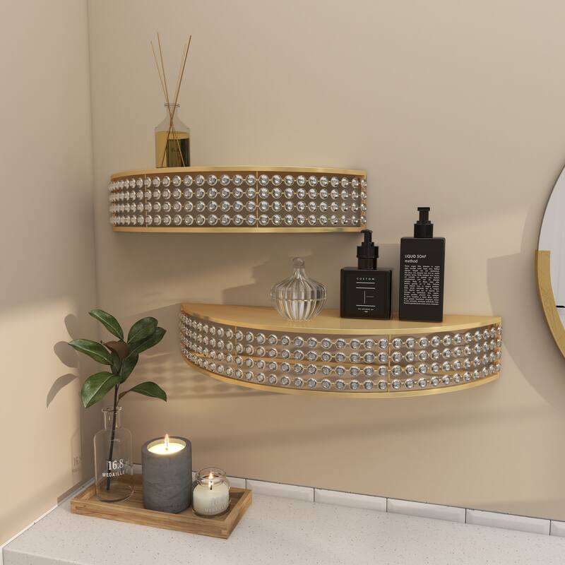 Gold Metal Half-Moon Wall Shelf with Crystal Embellishments (Set of 2)
