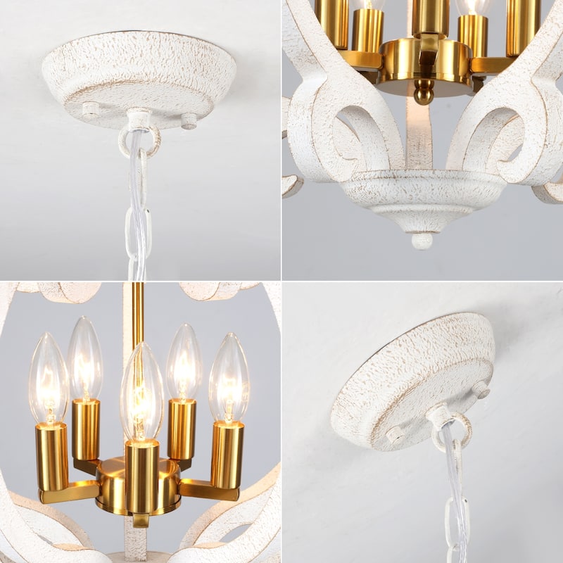 15.75“ 5-Light Rustic Pendant Light, Wood Ceiling Light Farmhouse Shabby Chic Chandelier, Classic Semi Flush Mount Chandelier