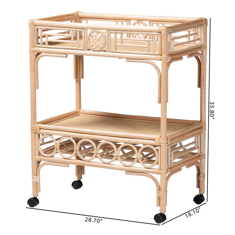 Molina Natural Rattan Wine Cart - 2-Tier Beverage Trolley with Wheel and Bottle Holders, Tropical Coastal Style Furniture