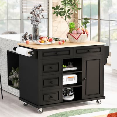 Rolling Kitchen Island Cart with Rubber Wood Top, 5 Drawers, Storage Cabinet & Adjustable Shelves - 53" Black