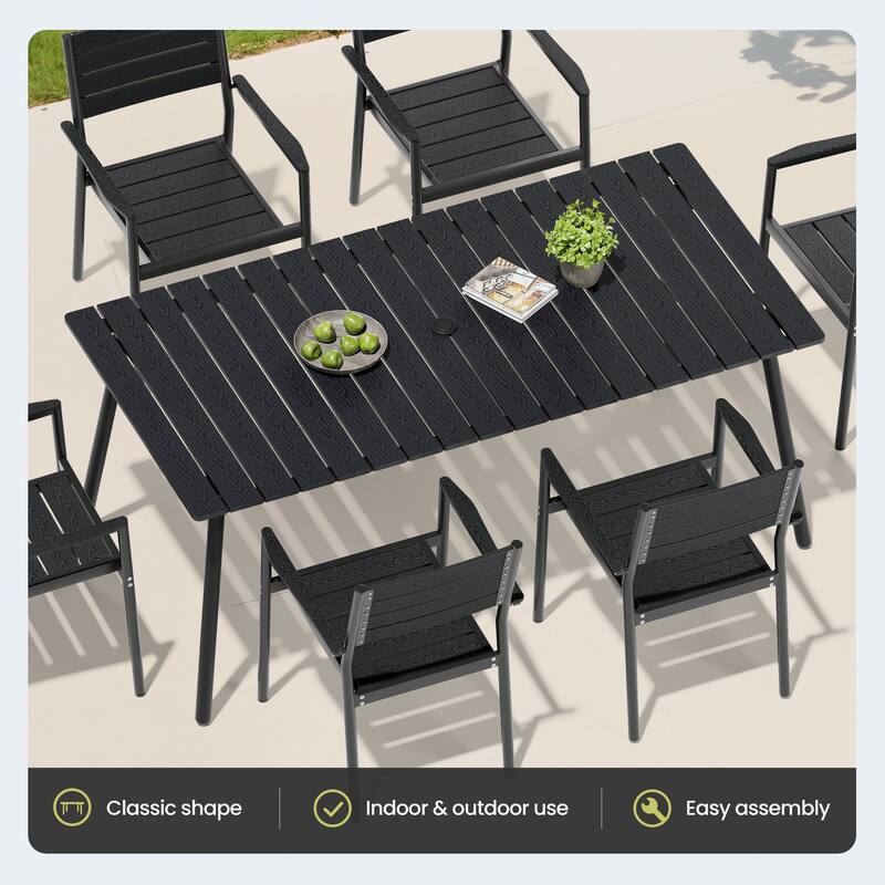 7-Piece Outdoor Dining Set Aluminum Rectangle Patio Dining Table with Umbrella Hole and Stackable Chairs