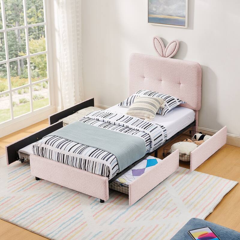 Kids Boucle Upholstered Bed with Rabbit Ear Headboard, LED Music Sync & 4 Drawers