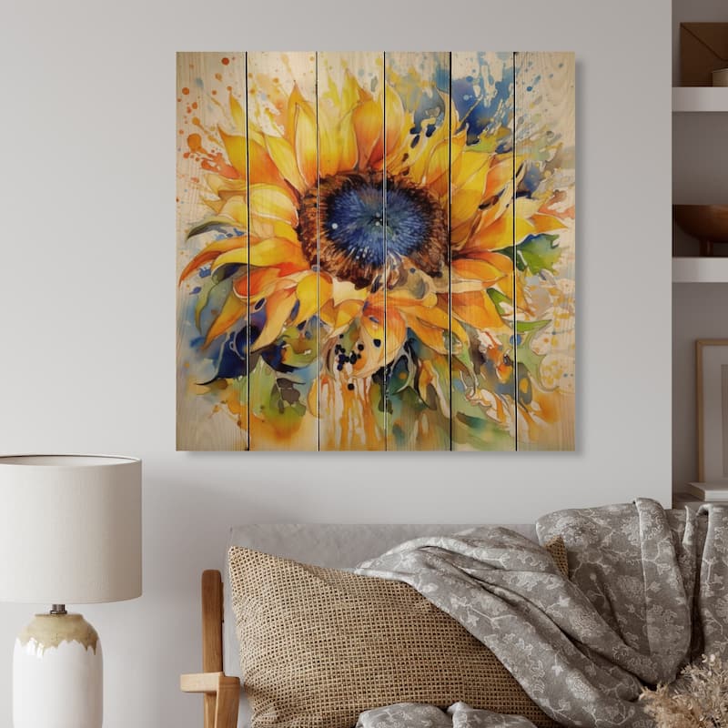 Designart "Yellow Blue Golden Cheerful Sunflowers" Floral Print on Natural Pine Wood