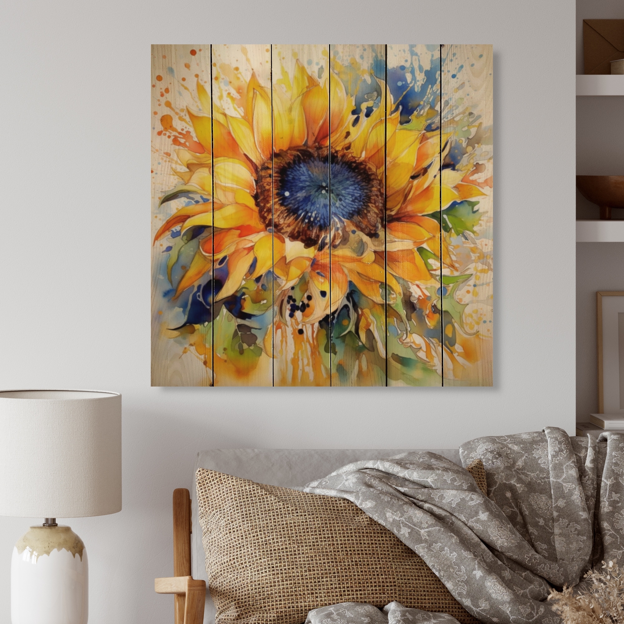Designart "Yellow Blue Golden Cheerful Sunflowers" Floral Print on Natural Pine Wood