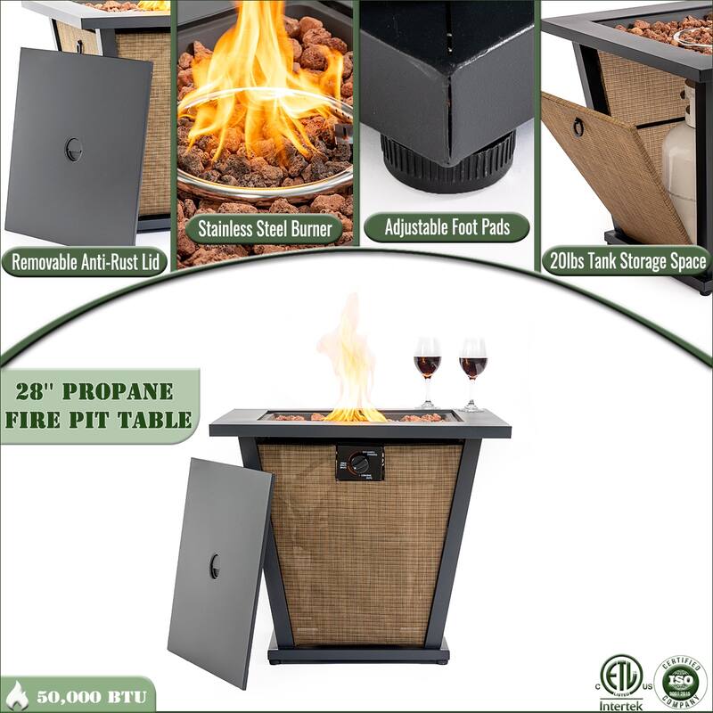 28" Propane Square Steel Gas Fire Pit with 50000 BTU